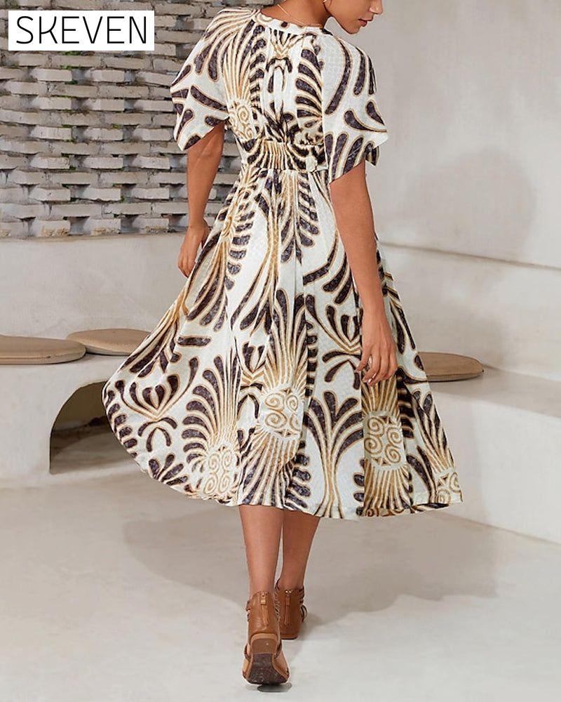 Printed V-neck irregular elegant dress