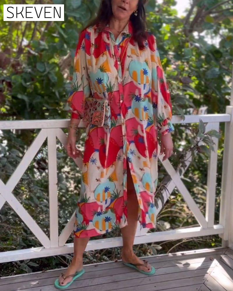 Printed lapel long sleeve dress