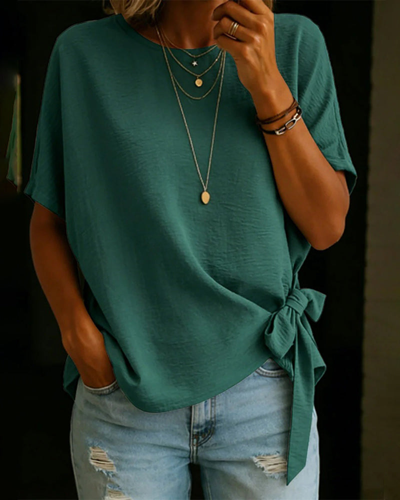 Crewneck Tie Solid Blouse