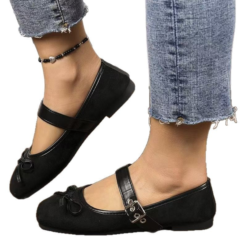 Mary Jane Women's French-style Large-size Square-toe Flat Shoes With A Bow Detail