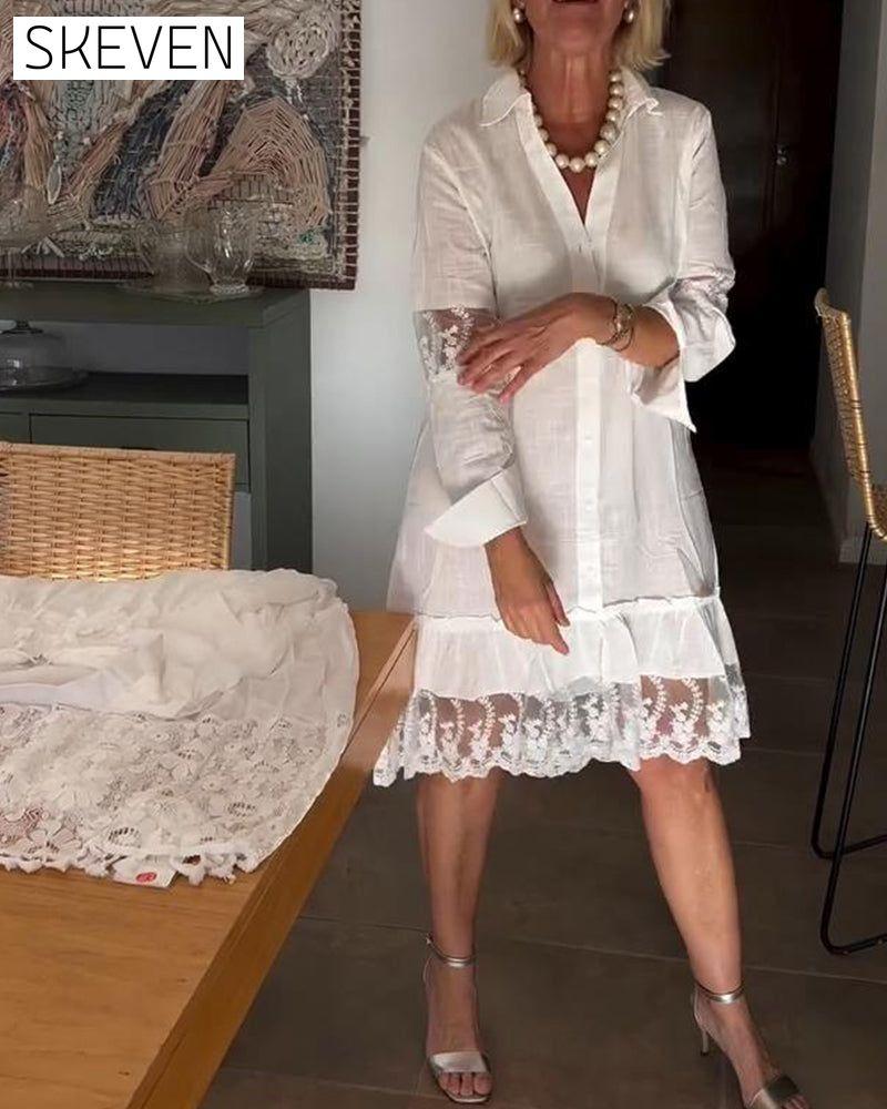 Lace-Trimmed Collared Shirt Dress