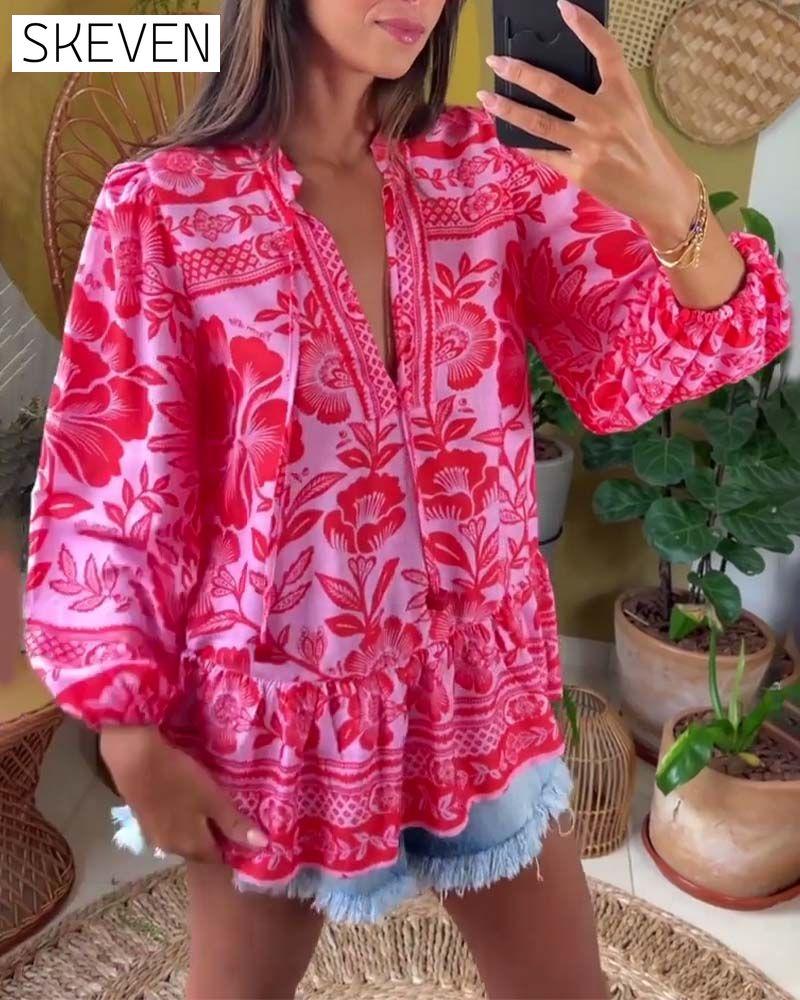 Floral print deep V blouse