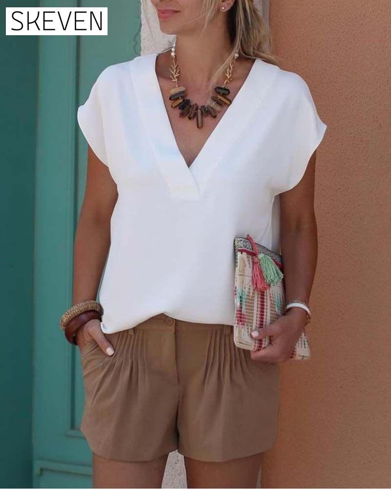 V-neck short-sleeved solid color blouse