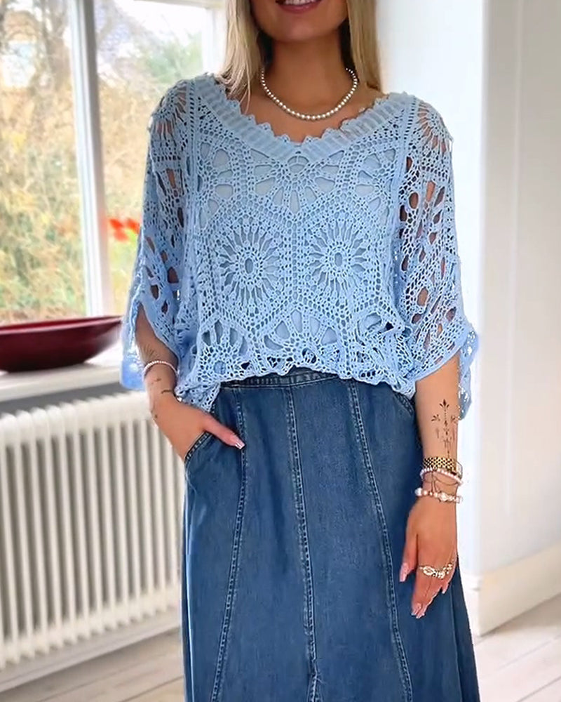 Solid V-Neck Cut-Out Knit Cover-Up Pullover