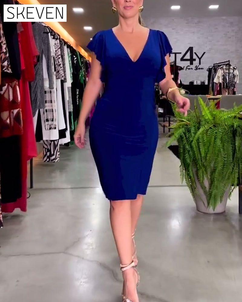 Robe sexy à col en V et manches à volants