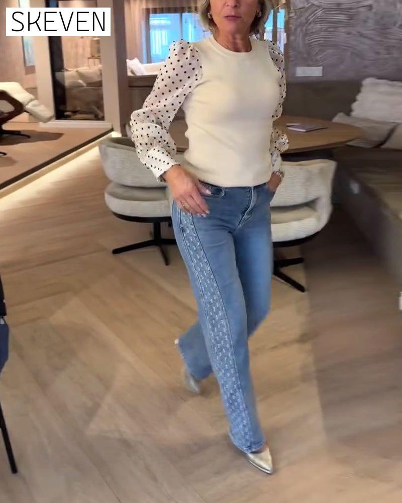 Polka Dot Lantern Sleeve Patchwork Blouse
