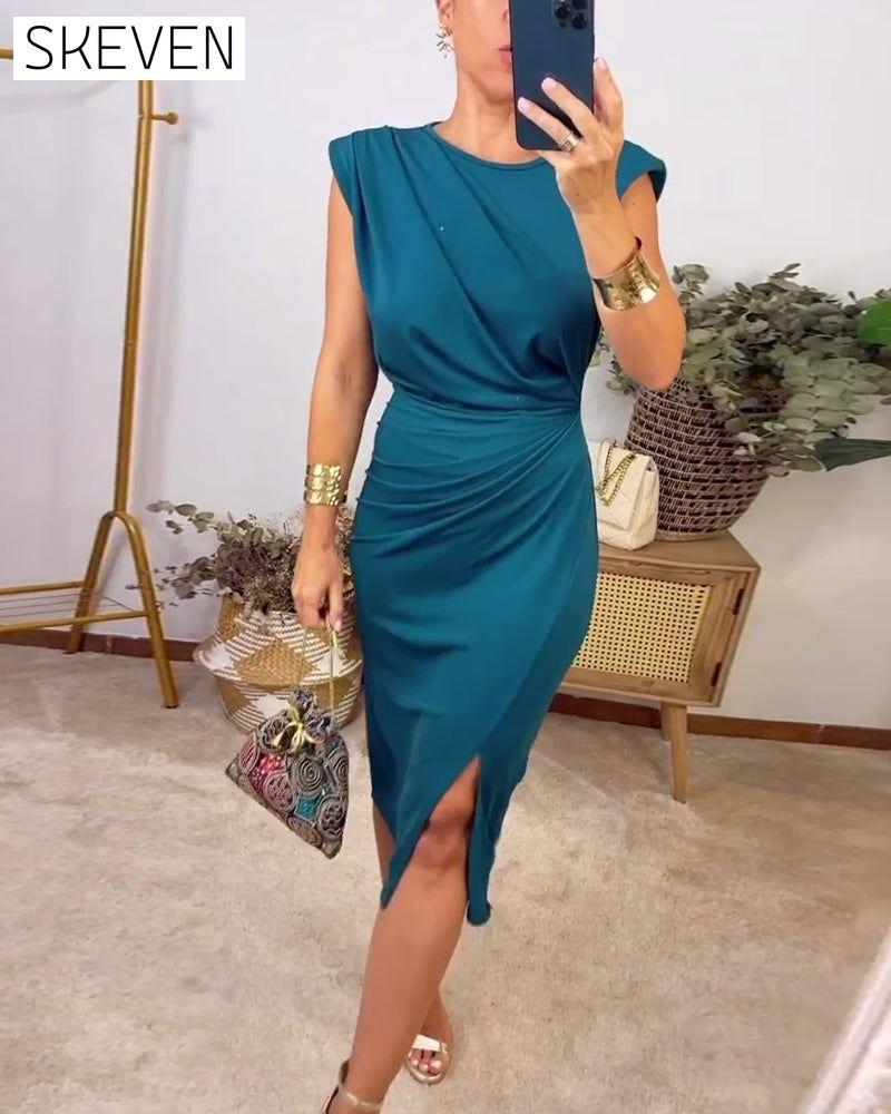 Robe plissée sans manches à fente, couleur unie