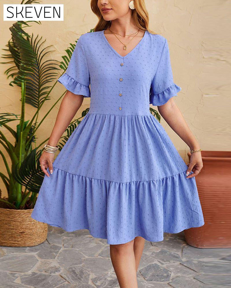 Elegantes, geknöpftes Rüschenkleid in A-Linie