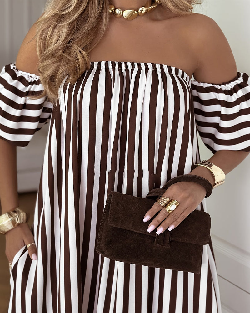 Striped Off-Shoulder Flared Long Dress