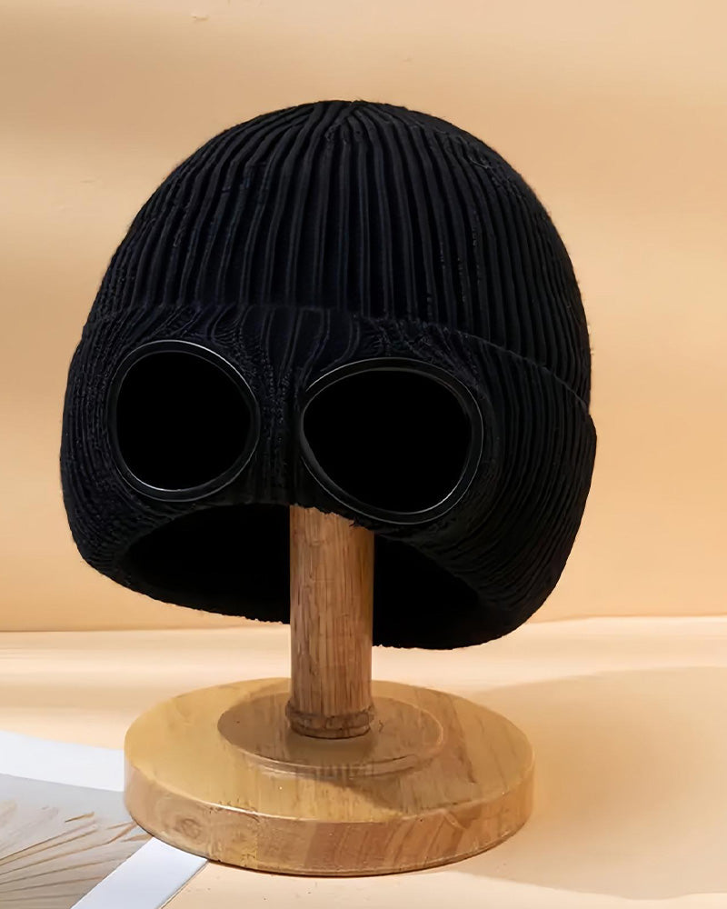 Unisex Solid Color Goggle Lens Design Beanie Hat