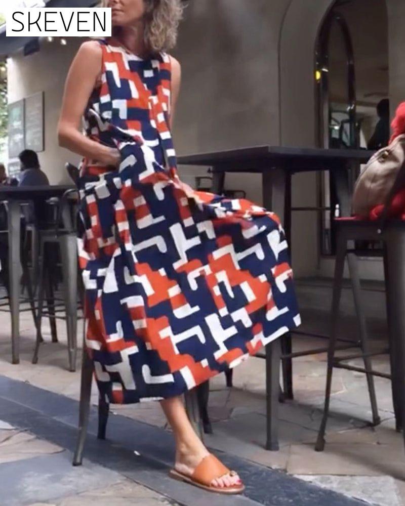 Geometric print sleeveless pocket dress