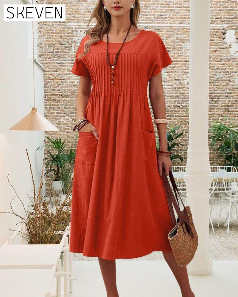 Pleated Short Sleeve Cotton And Linen Dress