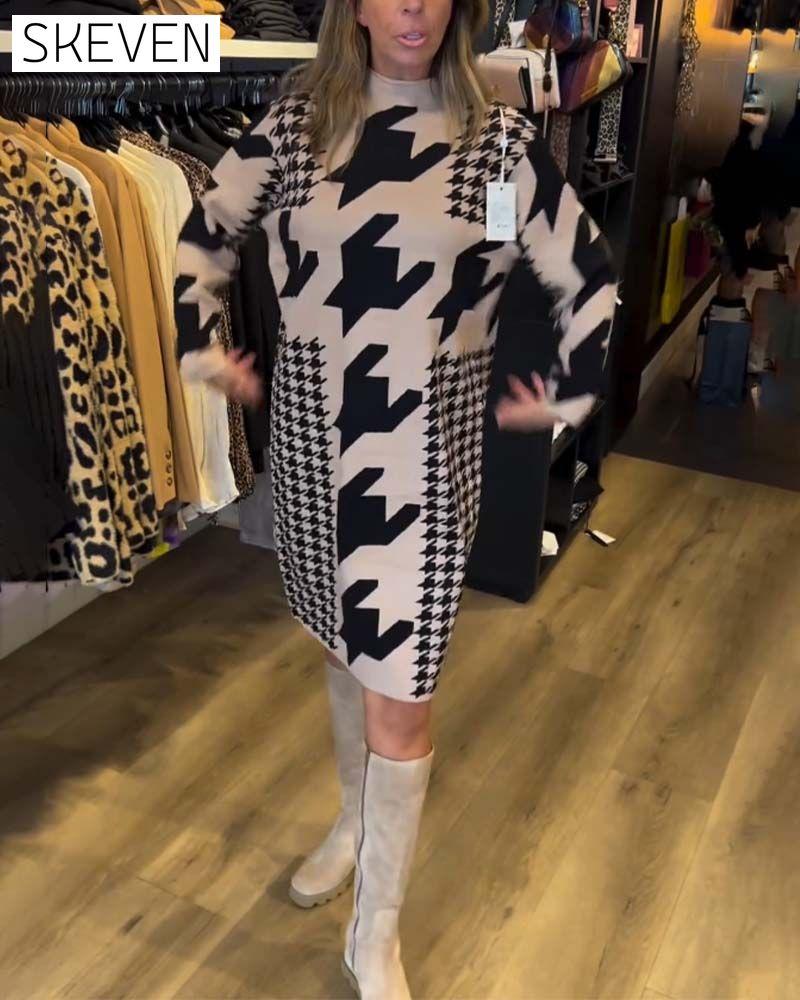 Houndstooth long sleeve dress