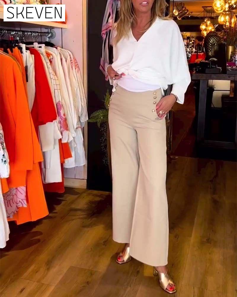 Tie Solid Color V-Neck Blouse