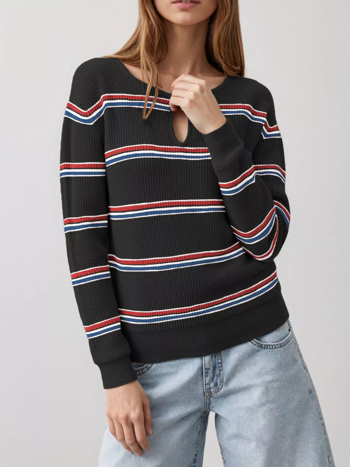 Striped Ribbed Knit Top with Keyhole Neckline