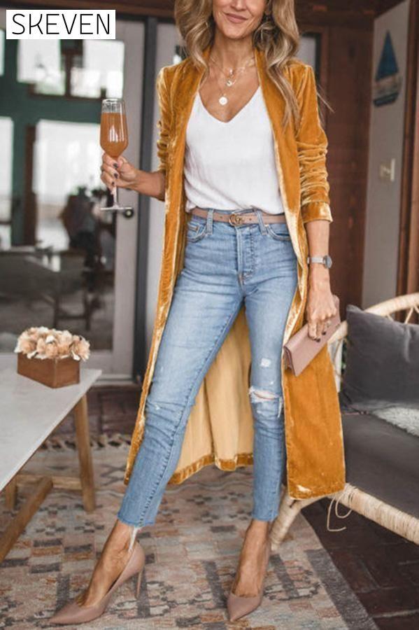 Cheering My Way Velvet Kimono Coat Gold S 2021-11-1 Coats & Jackets soild Velvet within 24hours