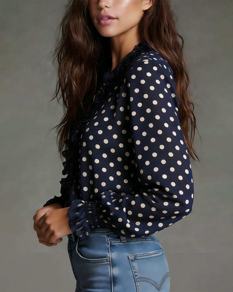 Half-Zip Ruffle Polka Dot Blouse