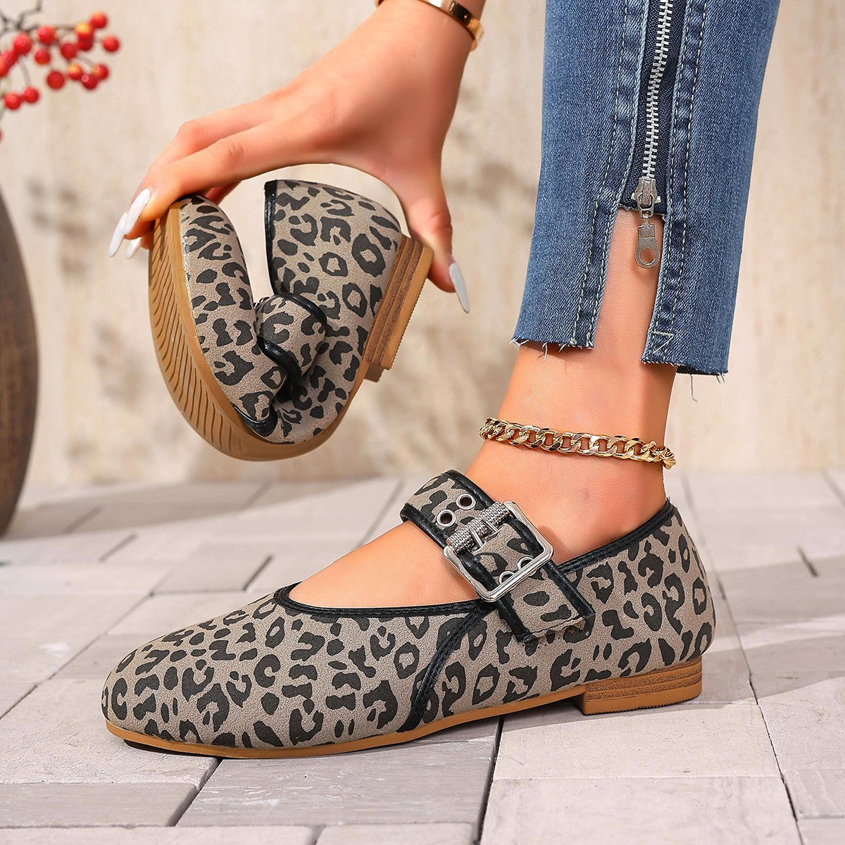 Mary Jane Leopard-print Belt Buckle Round-toe Sling-back Flats