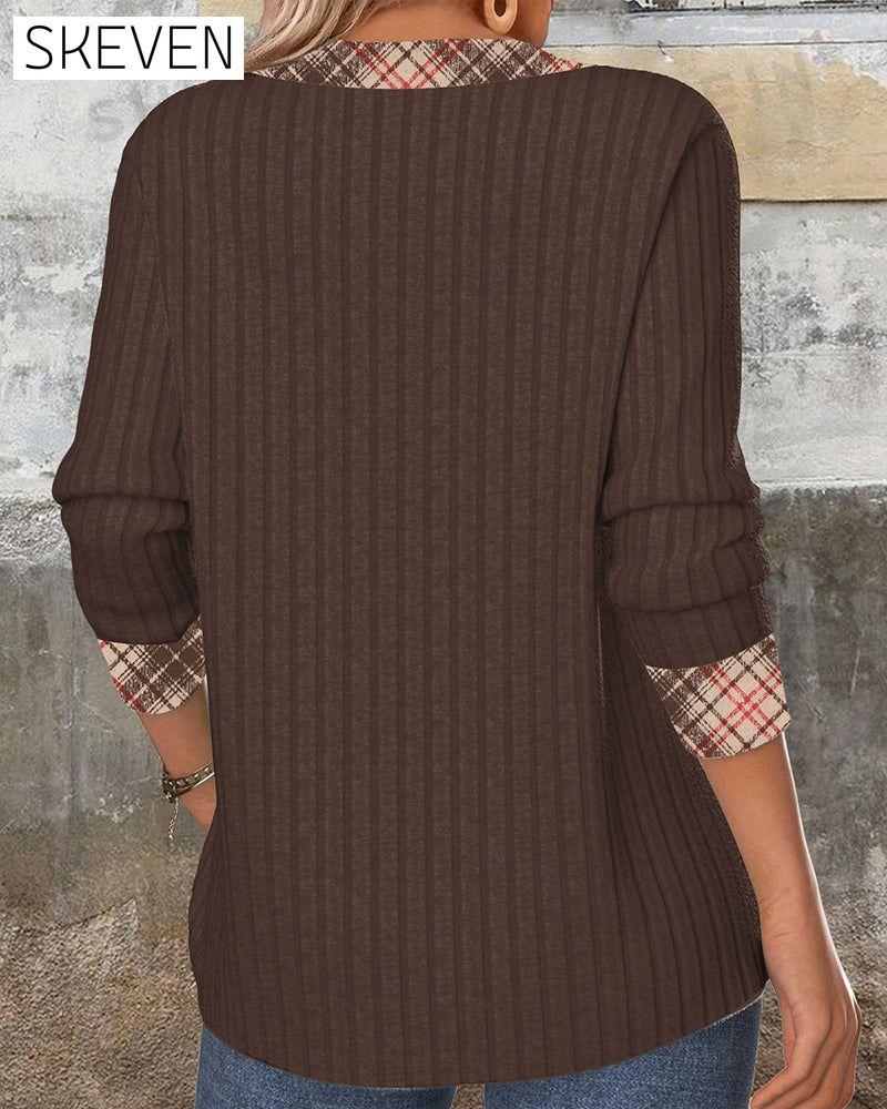 V-Neck Paneled Plaid Knitted Sweater