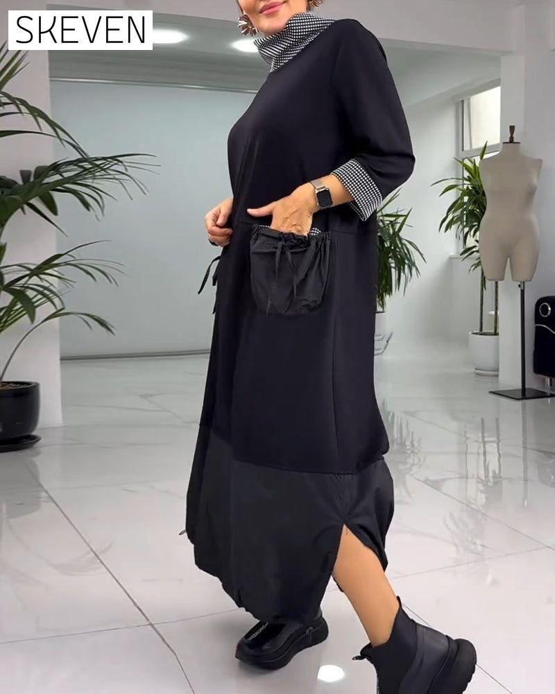 Lässiges Kleid mit Karomuster, hohem Kragen und Taschen