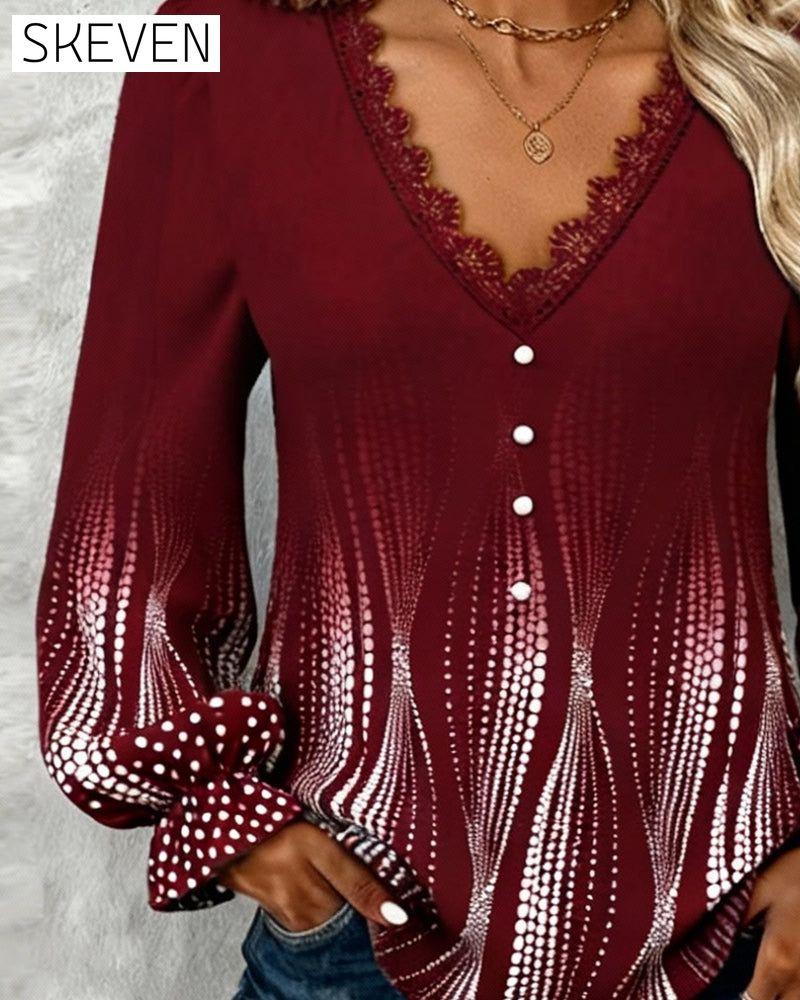 Puff Sleeve V-Neck Print Blouse