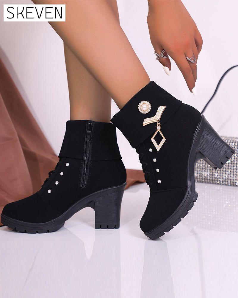 Women's Chunky Heeled Ankle Boots with Rhinestone Decor