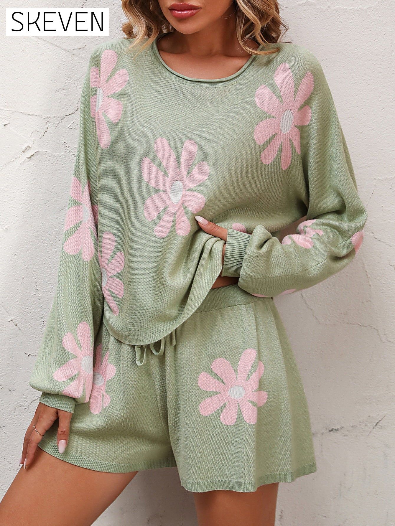 Floral Print Raglan Sleeve Knit Top and Tie Front Sweater Shorts Set clothes lounge lounge wear loungewear Mandy sets Ship From Overseas trend
