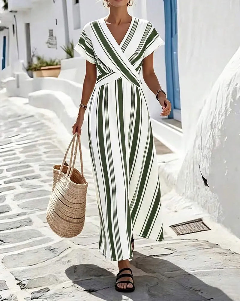 Cross V-Neck Stripe Wrap Long Dress