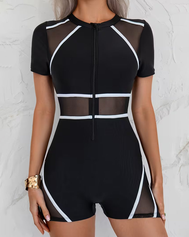 Color Block Zipper Short-Sleeve One-Piece