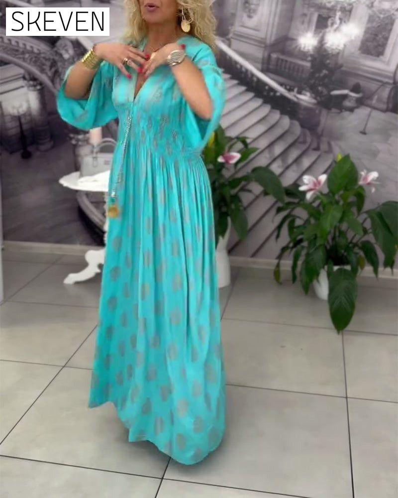 Loose Holiday Print Waist Maxi Dress