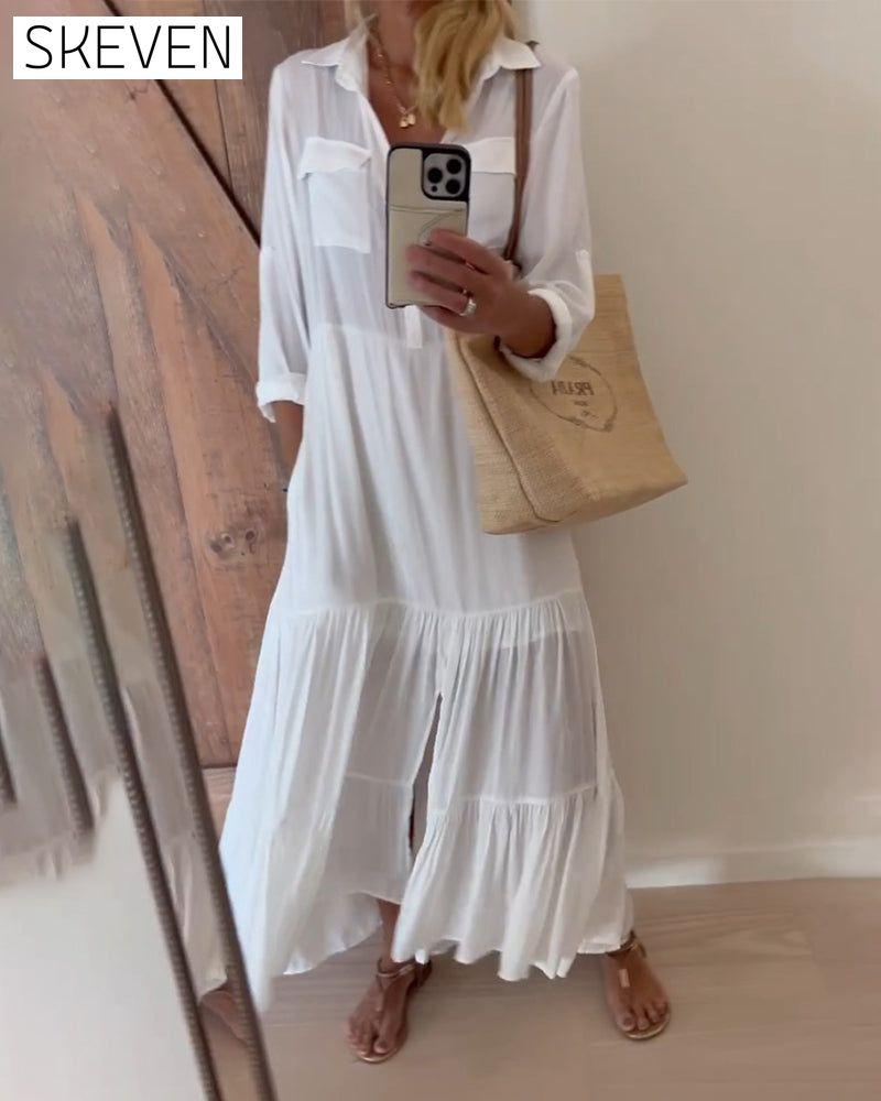 Lapel solid color patchwork casual dress