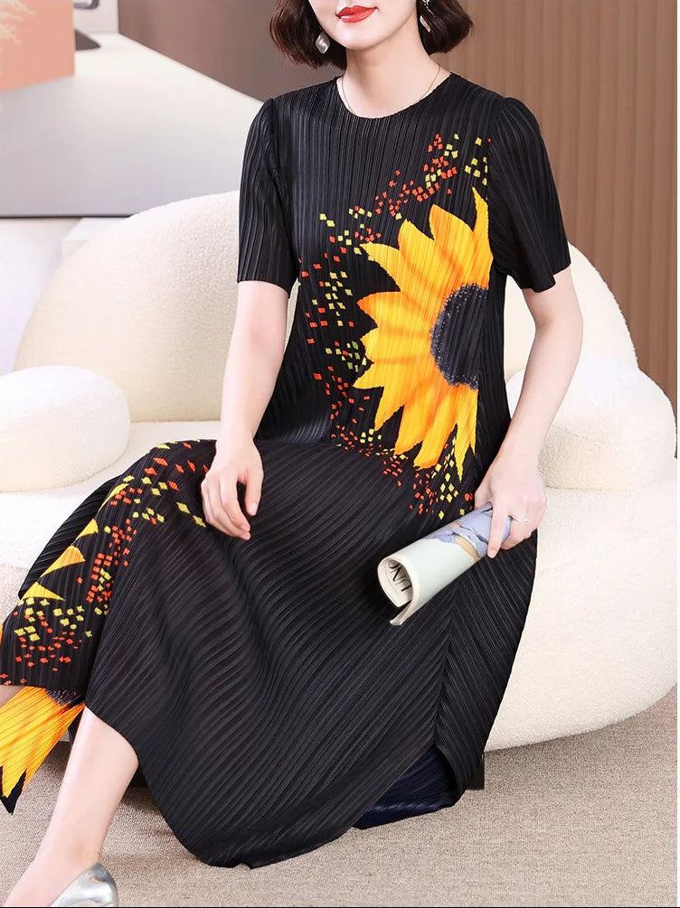 Miyake Pleated Sunflower Midi Dress