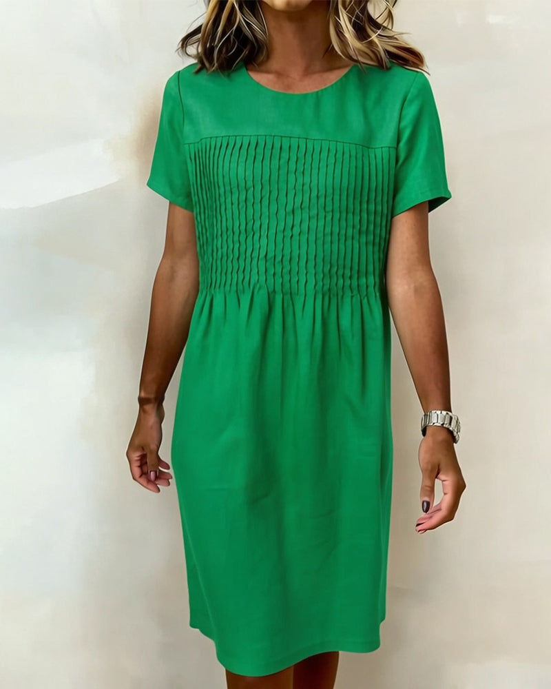 Round Neck Pleated Casual Dress