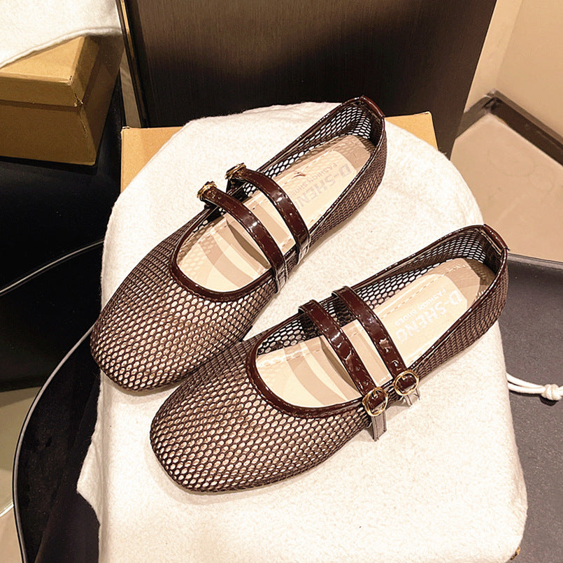 Mary Jane Round-toe Peep-toe Flat-heeled Buckle Sandals