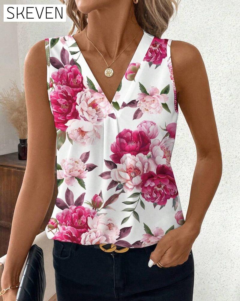 Ärmellose Bluse mit Rosenmuster und V-Ausschnitt