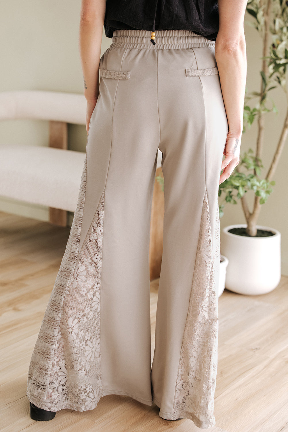Blue Zone Planet |  Smoke Gray Boho Lace Patchwork Wide Leg High Waist Pants