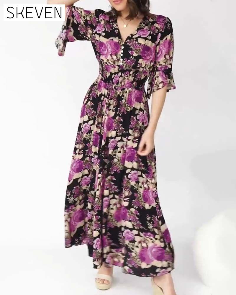 Floral Print V Neck Maxi Dress