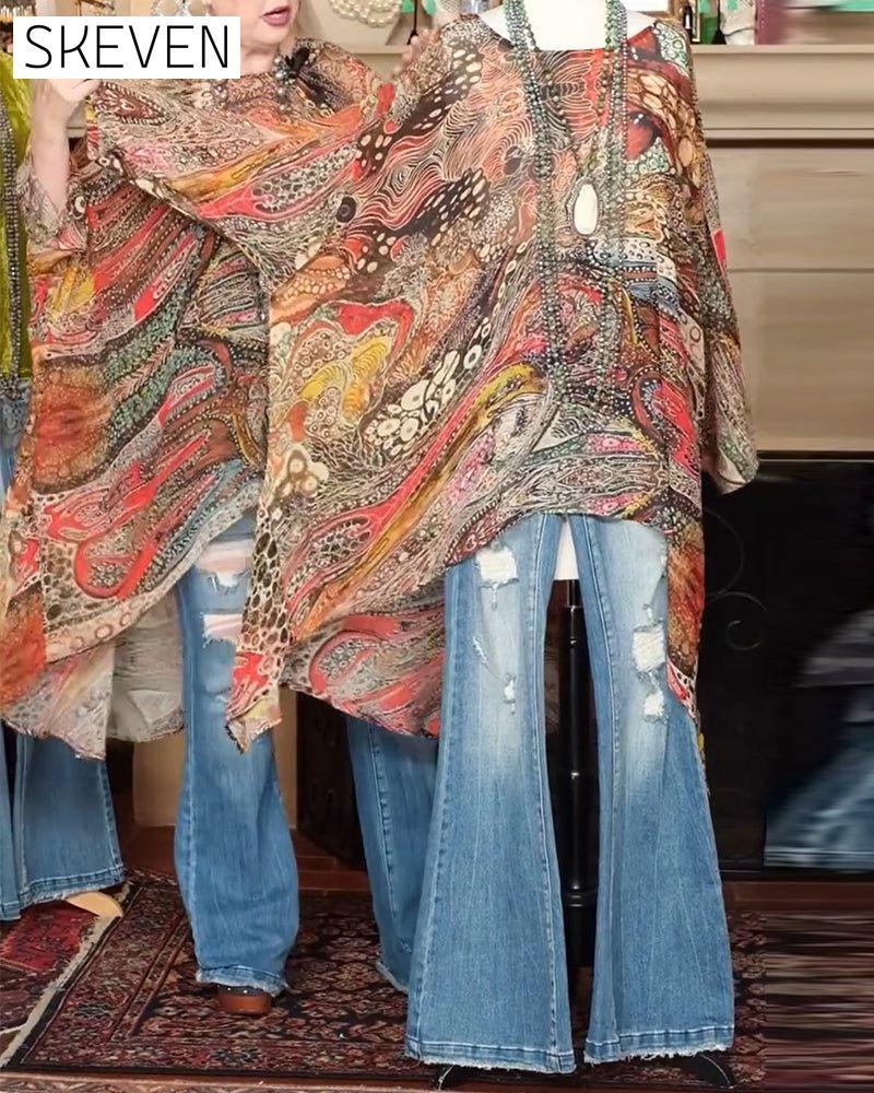 Lockere Bluse mit Fledermausärmeln und Print