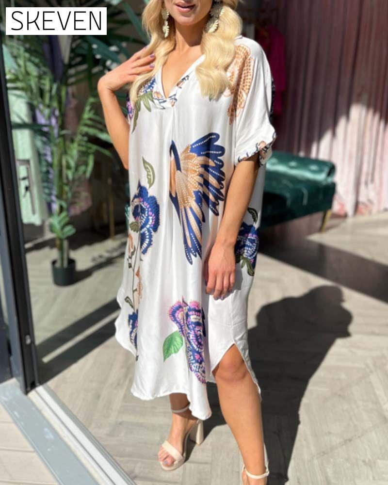 V-neck printed loose dress casual dresses summer