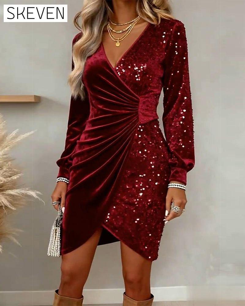 Sexy Pailletten-Samtkleid mit V-Ausschnitt