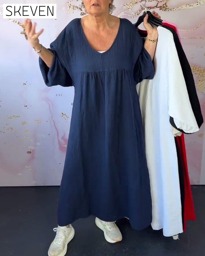 Kleid im Waldstil mit V-Ausschnitt, Falten und einfarbig