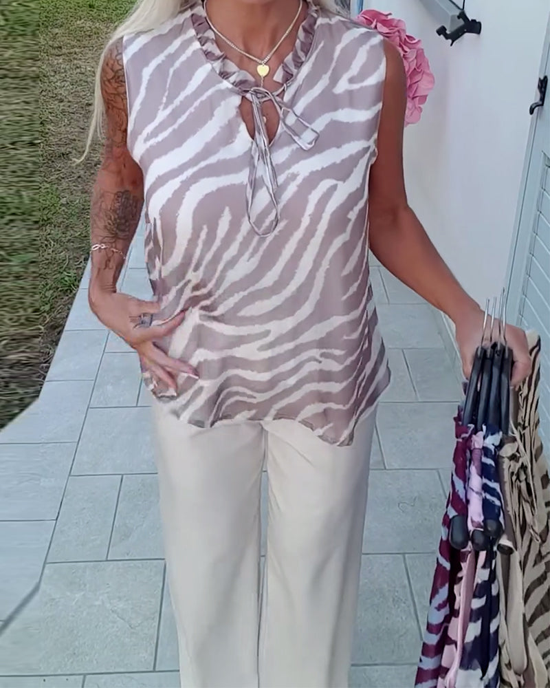 Zebra Print Sleeveless Ribbon Collar Blouse