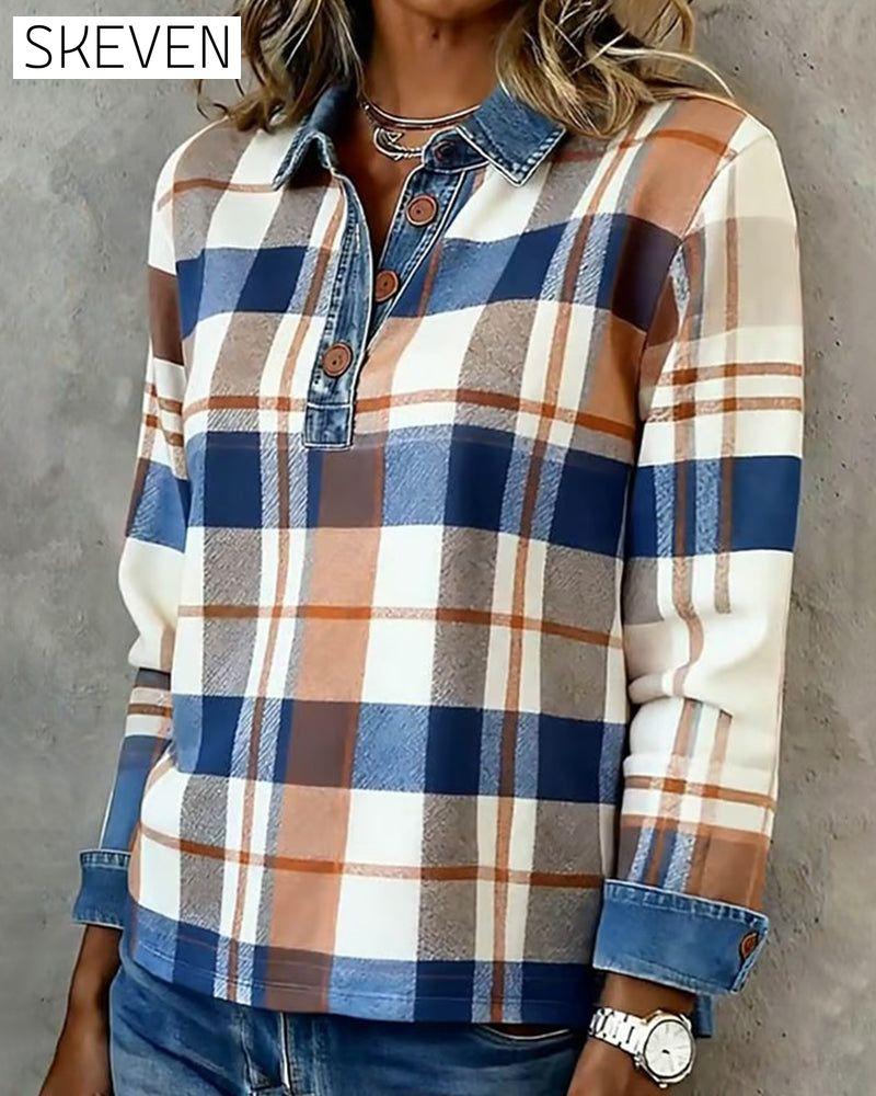 Lässige Jeansbluse mit Patchwork-Karomuster