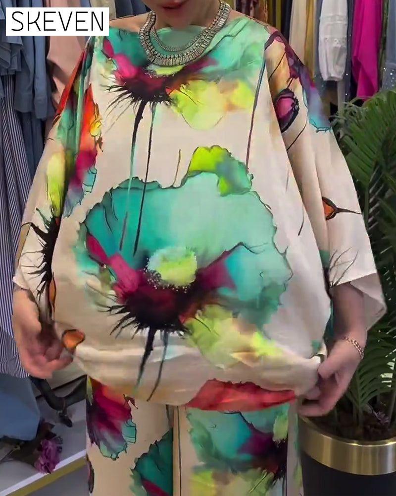 ensemble à imprimé lotus, une épaule et manches trois-quarts