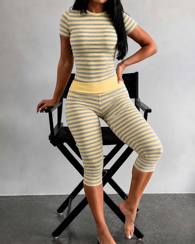 Crew Neck Stripe Short Sleeve Set