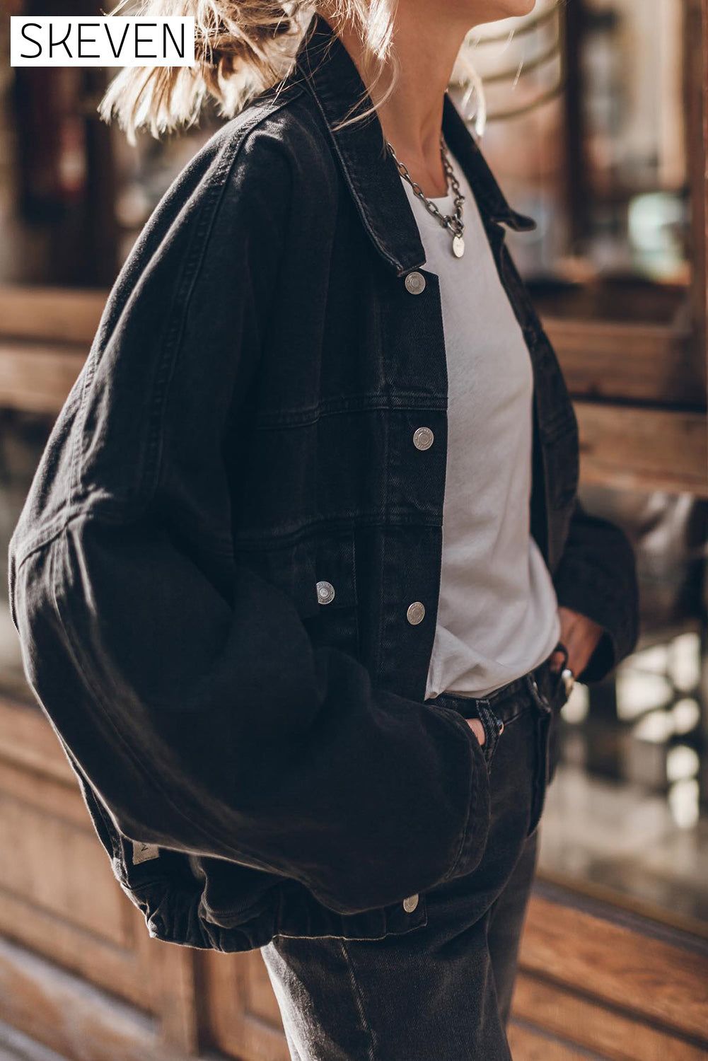 Black Metal Buttons Flap Pocket Drop Shoulder Denim Jacket All In Stock clothes EDM Monthly Recomend Fabric Denim Jackets & Coats Occasion Daily Print Solid Color Season Winter Style Casual