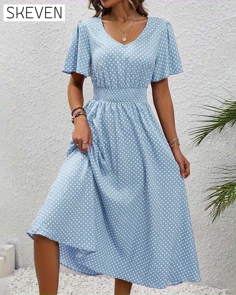 Elegant polka dot print butterfly sleeve waist dress casual dresses spring summer