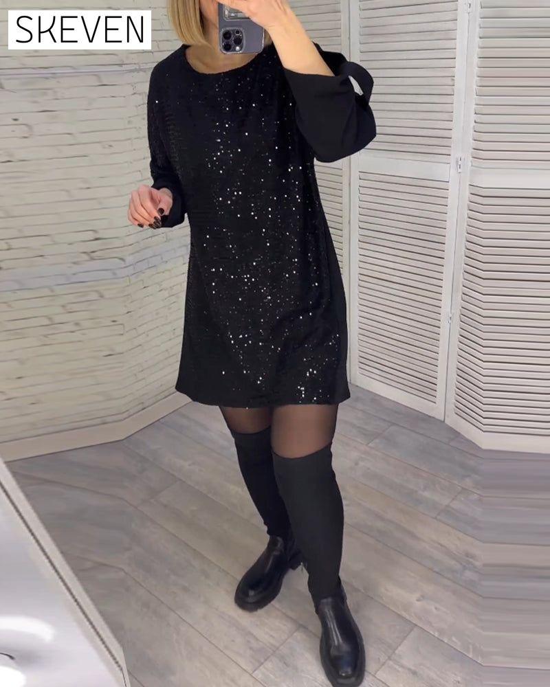 Sequin ruched sleeve dress