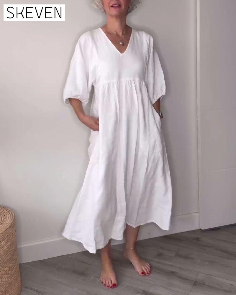 Casual solid color V-neck lantern sleeve dress casual dresses cotton and linen spring summer