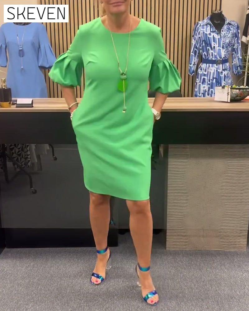 Bell sleeve solid color round neck dress casual dresses spring summer